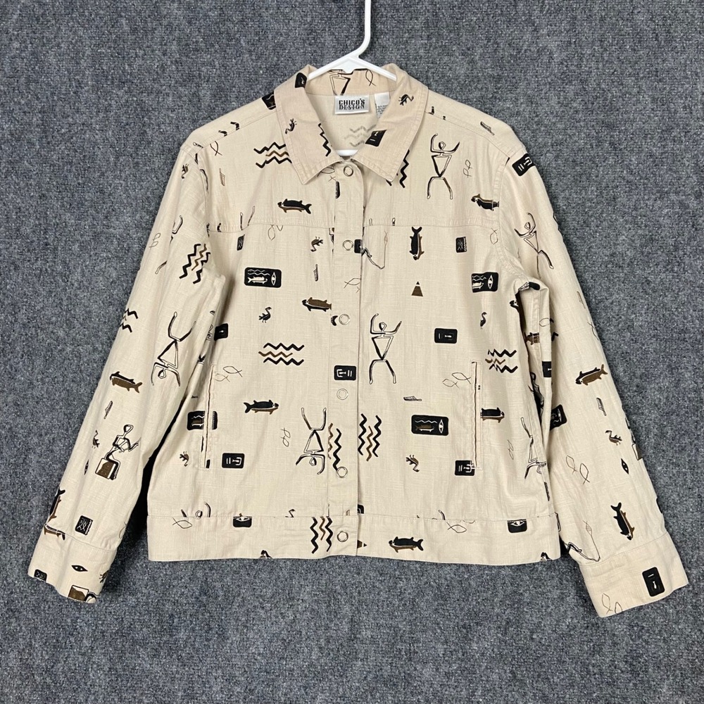 Chico's Design Women's Size 1/US M Beige Native Print Button Up Jacket Unique